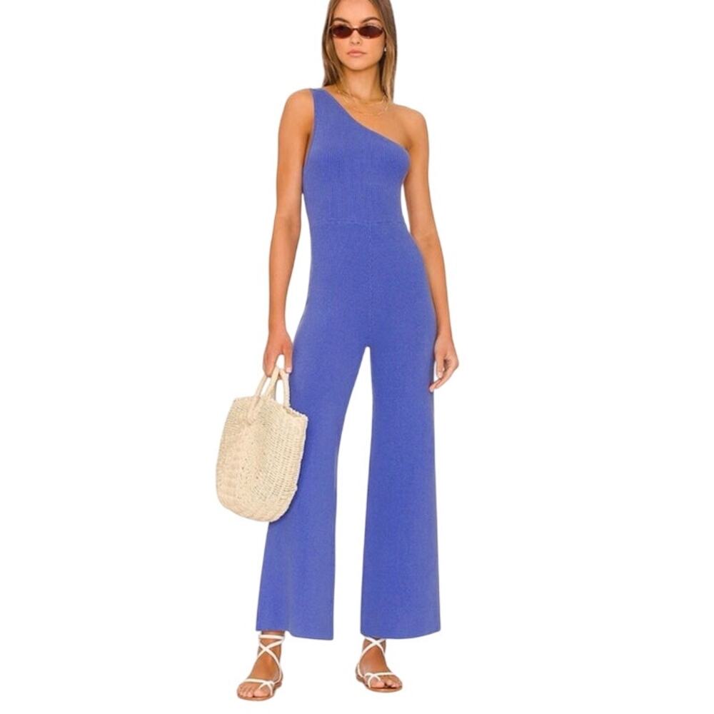 Free People Beach Waverly Knit Wide Leg Jumpsuit Birdsong Blue XL NWT Resortwear